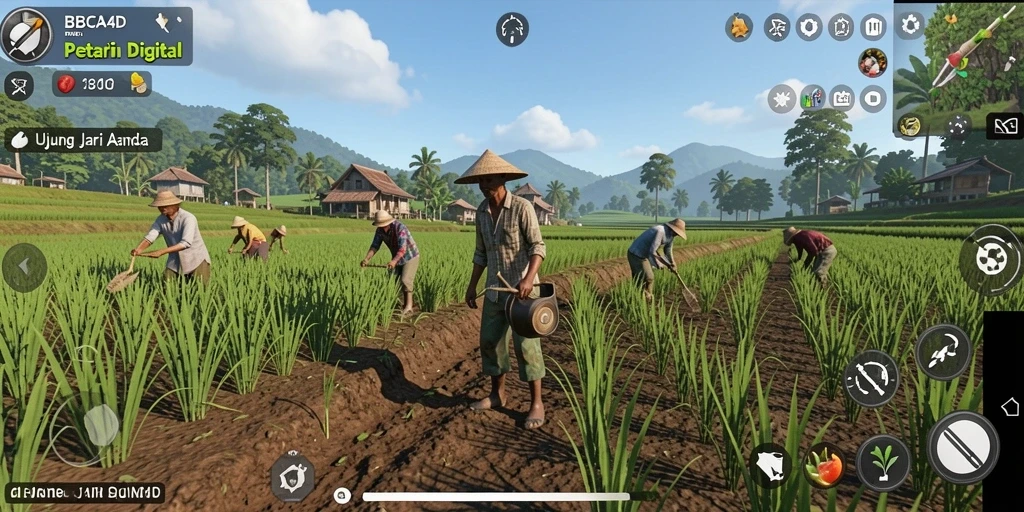 Screenshot utama BBCA4D menunjukkan pemain sedang bertani dengan tanaman subur.