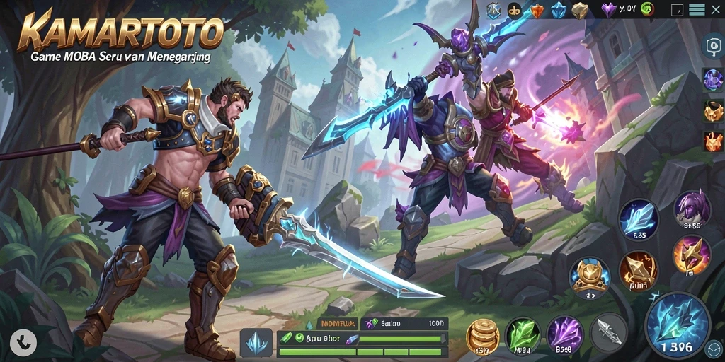 Tampilan gameplay KAMARTOTO dengan karakter yang beraksi di medan perang.