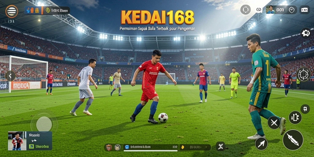 Tangkapan layar KEDAI168 menampilkan aksi seru di lapangan sepak bola.