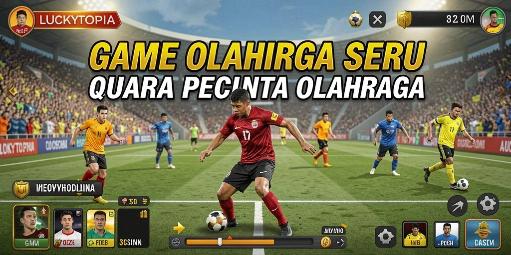 Tangkapan layar LUCKYTOPIA menampilkan aksi seru di lapangan olahraga.