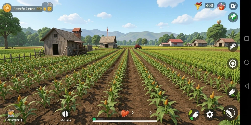 Tangkapan layar gameplay PP7 menampilkan kebun yang rimbun dan hewan ternak.