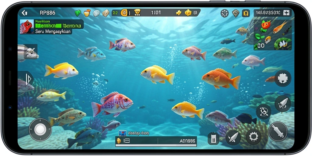 Tampilan gameplay RP886 dengan berbagai ikan yang menunggu untuk ditembak.