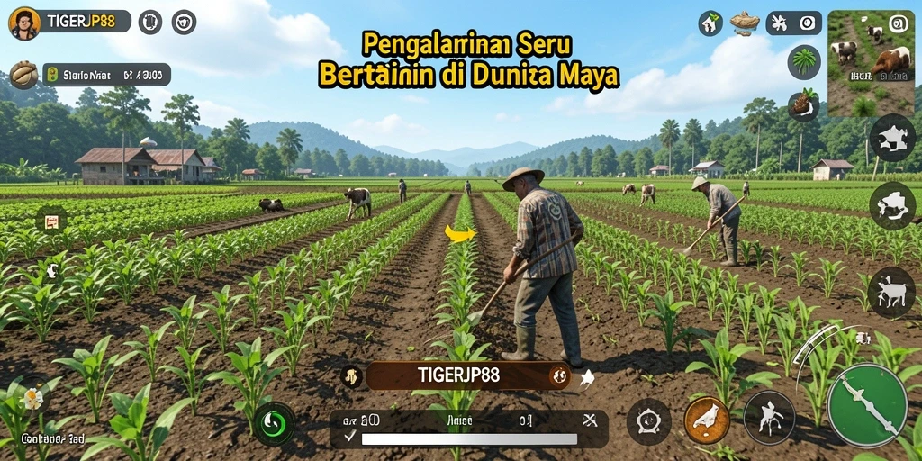 Tampilan gameplay TIGERJP88 dengan ladang subur dan hewan ternak.